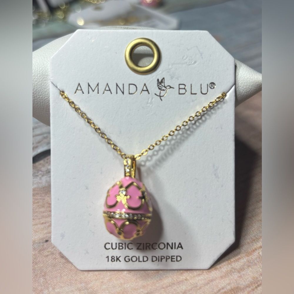 New Amanda Blu Pink Enamel Egg CZ Pendant Necklace - 18K Gold Dipped